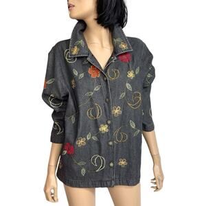 Vintage Embroidered Denim Jacket Women L Gray Floral Eclectic